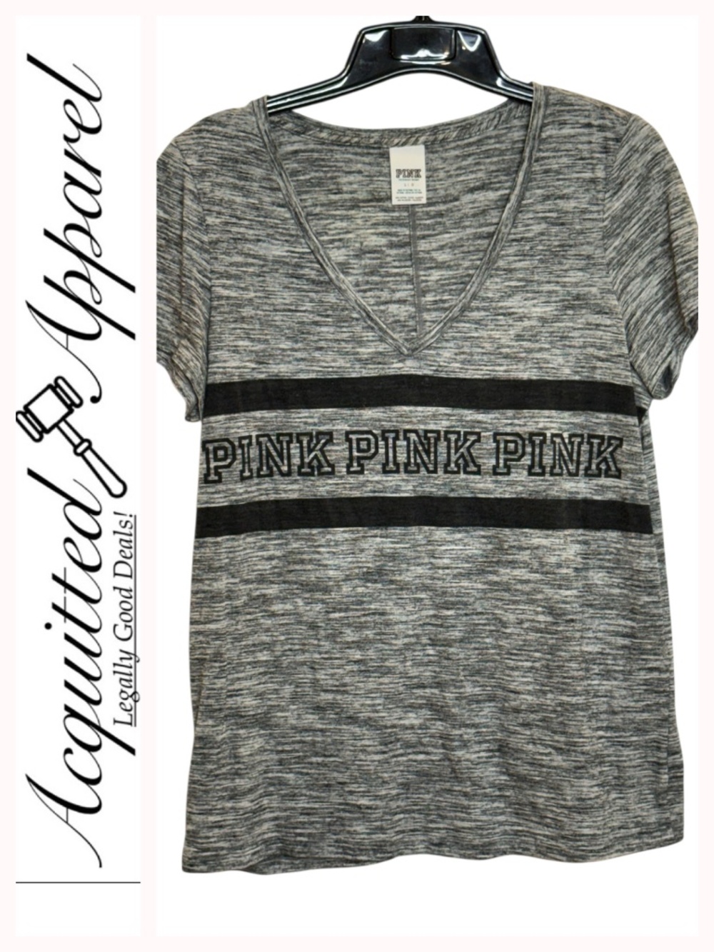 PINK Victoria's Secret Gray Heather V-Neck Tee with Black Stripe Logo Large